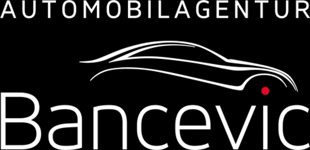 Schwarzes Logo mit weißem Umriss eines Autos, rotem Punkt am Rad und Text "AUTOMOBILAGENTUR BANCEVIC".
