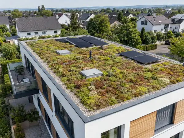 Begrüntes Flachdach mit Solarmodulen