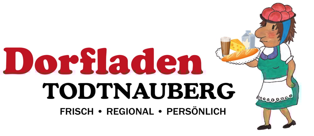 Dorfladen Todtnauberg Logo: Karikatur einer Frau, die ein Tablett mit Brot, Käse, Milch und Bier hält.