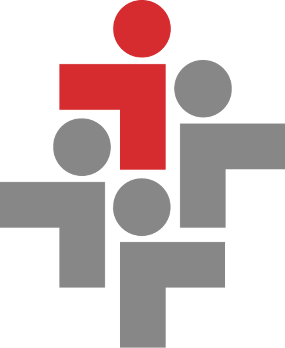 Vier stilisierte menschliche Figuren in Rot und Grau bilden ein quadratisches Muster auf schwarzem Hintergrund.