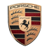 Gold and black Porsche crest with "PORSCHE" at the top, a rearing horse, and "STUTTGART" in the center.