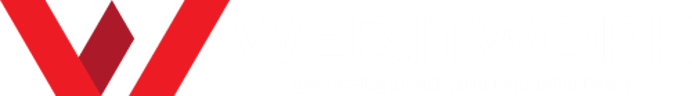 Rotes V-Logo mit weißem Text "WEB.ITWORK DIGITALE MARKETING LÖSUNGEN" auf grünem Hintergrund.