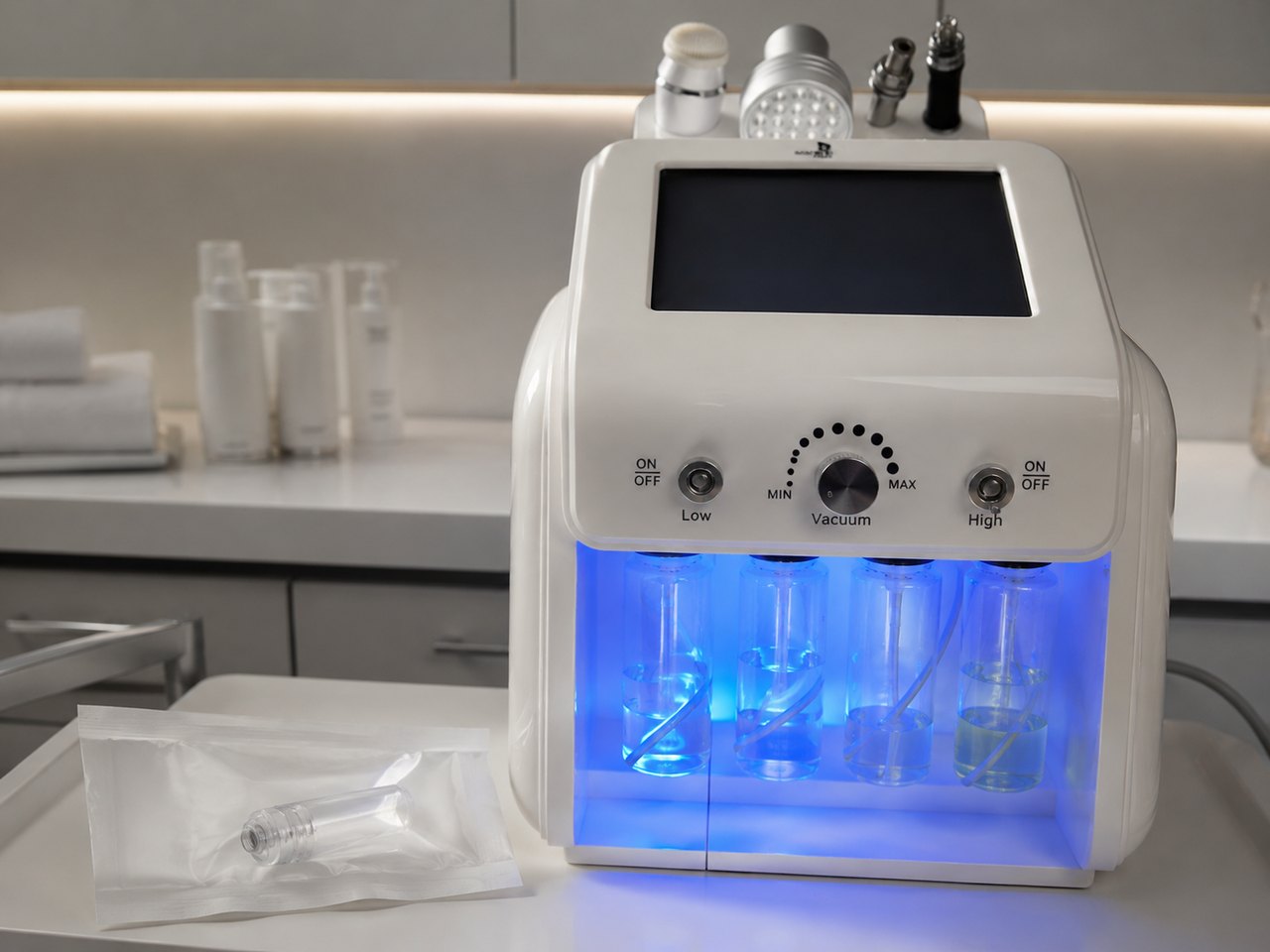 Aquafacial-Gerät und hygienisch vorbereiteter Arbeitsplatz mit verpacktem Einmal-Aufsatz im SWON Studio in Pforzheim