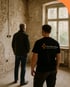 Zwei Männer stehen in einem leeren Raum mit unverputzten Wänden und einem Fenster. Einer trägt ein T-Shirt mit „Das ElektroWerk“.