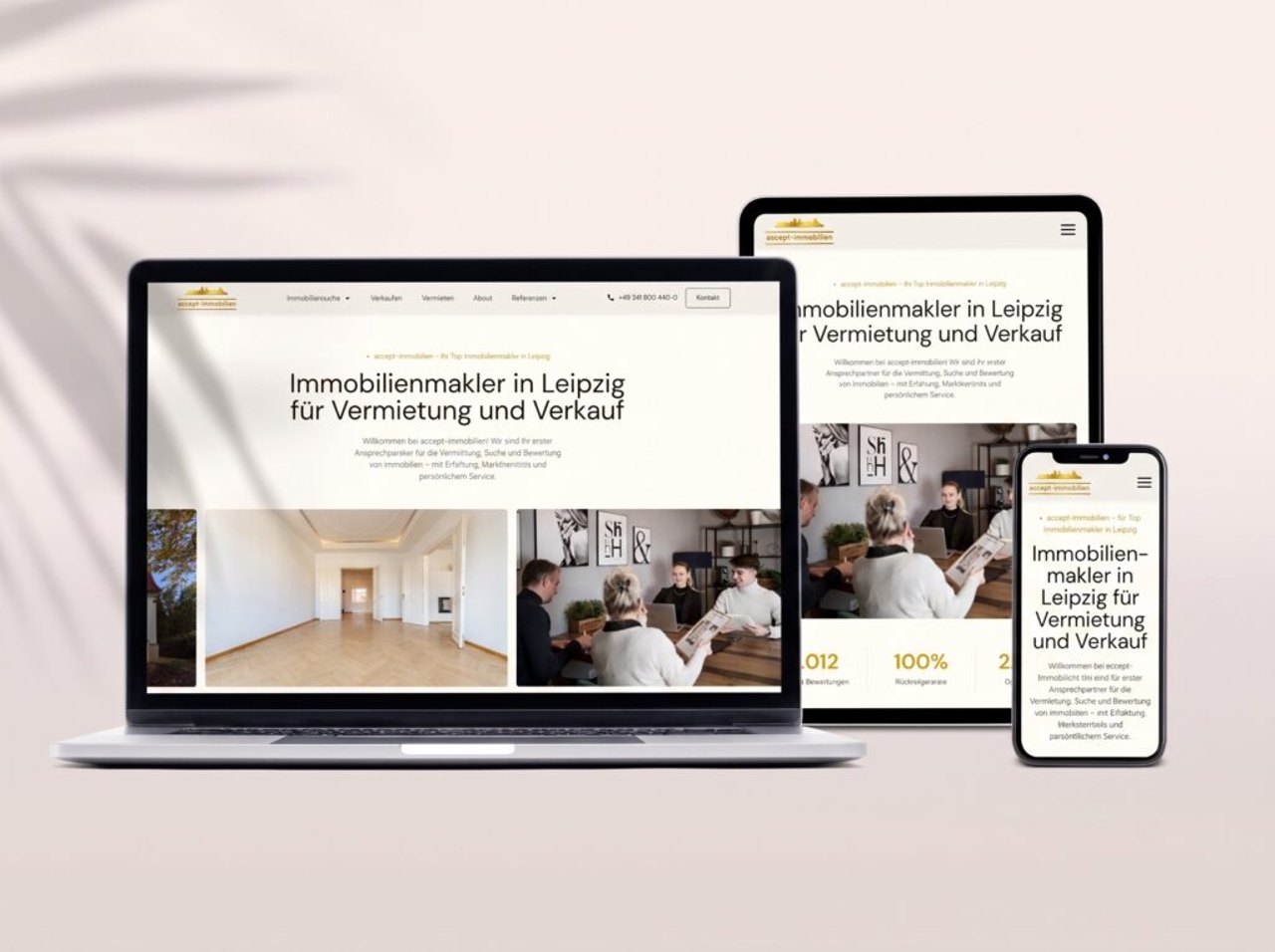 Website von accept-immobilien auf Laptop, Tablet und Smartphone mit der Überschrift Immobilienmakler in Leipzig für Vermietung und Verkauf