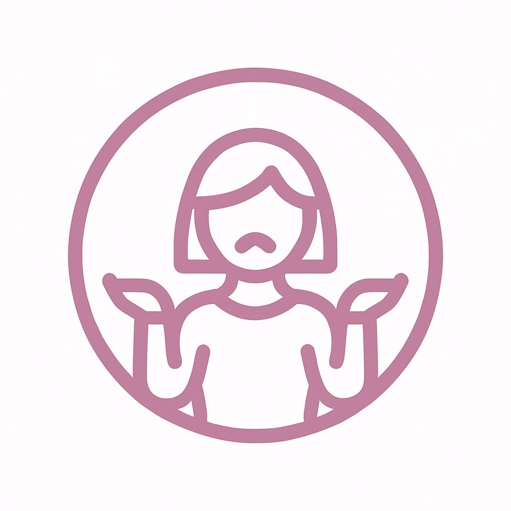 Eine Frau mit kurzen Haaren und hochgezogenen Schultern, die die Hände fragend ausstreckt, in einem Kreis.