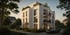 Modernes, weißes Wohnhaus mit Balkonen und Dachterrasse, umgeben von Bäumen und einer dunklen Limousine.