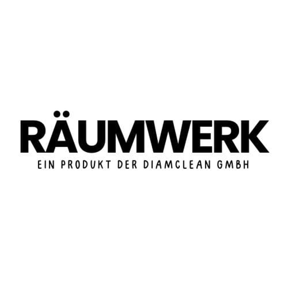 RÄUMWERK Logo, mit "EIN PRODUKT DER DIAMCLEAN GMBH" darunter in Schwarz auf Weiß.
