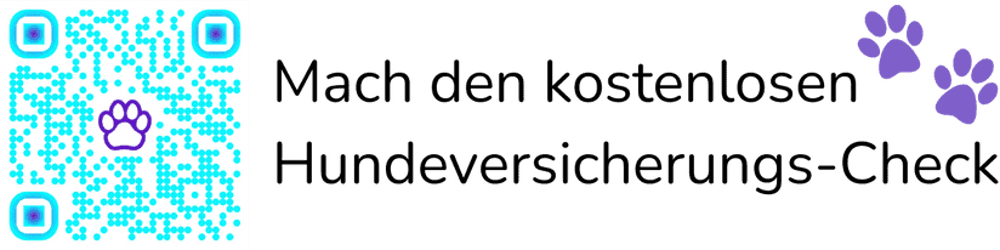 QR-Code mit lila Pfotenabdruck und Text "Mach den kostenlosen Hundeversicherungs-Check" mit zwei lila Pfoten.