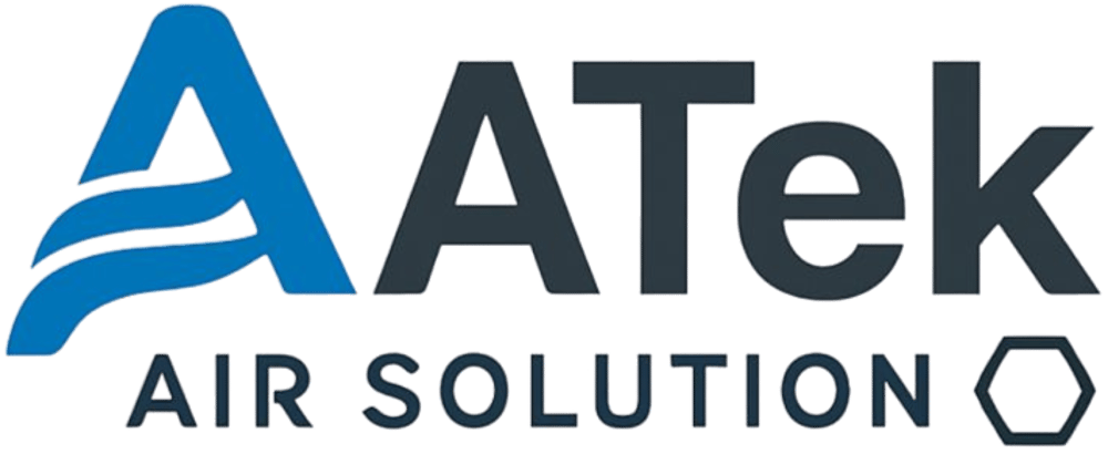 Logo: Blaues A mit Wellenlinien, daneben schwarzer Text "ATek" und darunter "AIR SOLUTION" mit Hexagonsymbol.