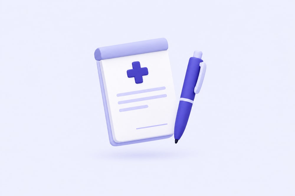Illustration: Rezeptblock mit medizinischem Kreuz und Stift