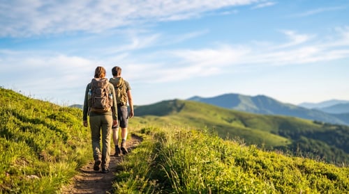 Wanderer auf einem grünen Hügelweg