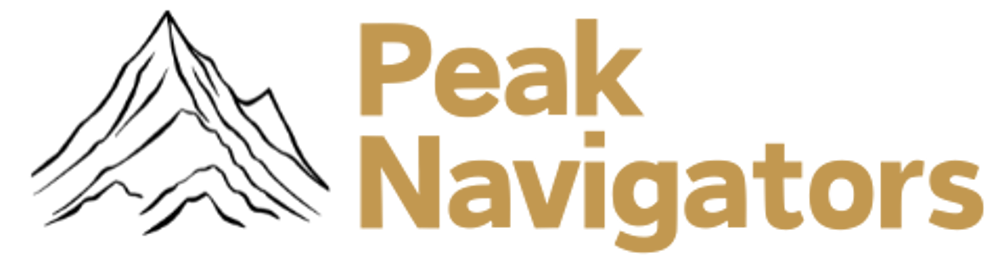 Outline drawing of mountains next to the words "Peak Navigators" in gold font.