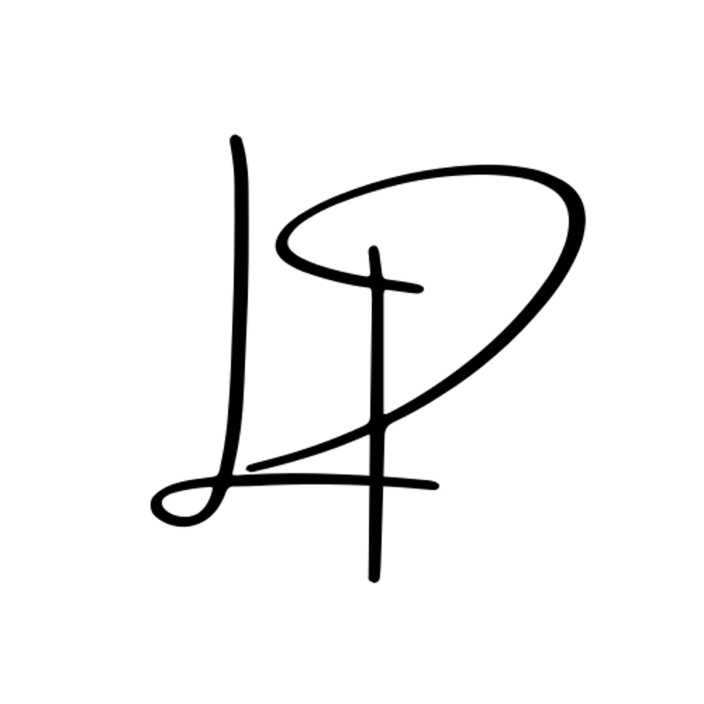 Schwarzes, handgeschriebenes Monogramm mit den Buchstaben „LP“.