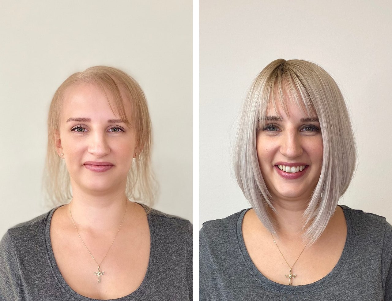 Frau lächelt – von dünnem blondem Haar zu vollem, glänzendem aschblondem Bob