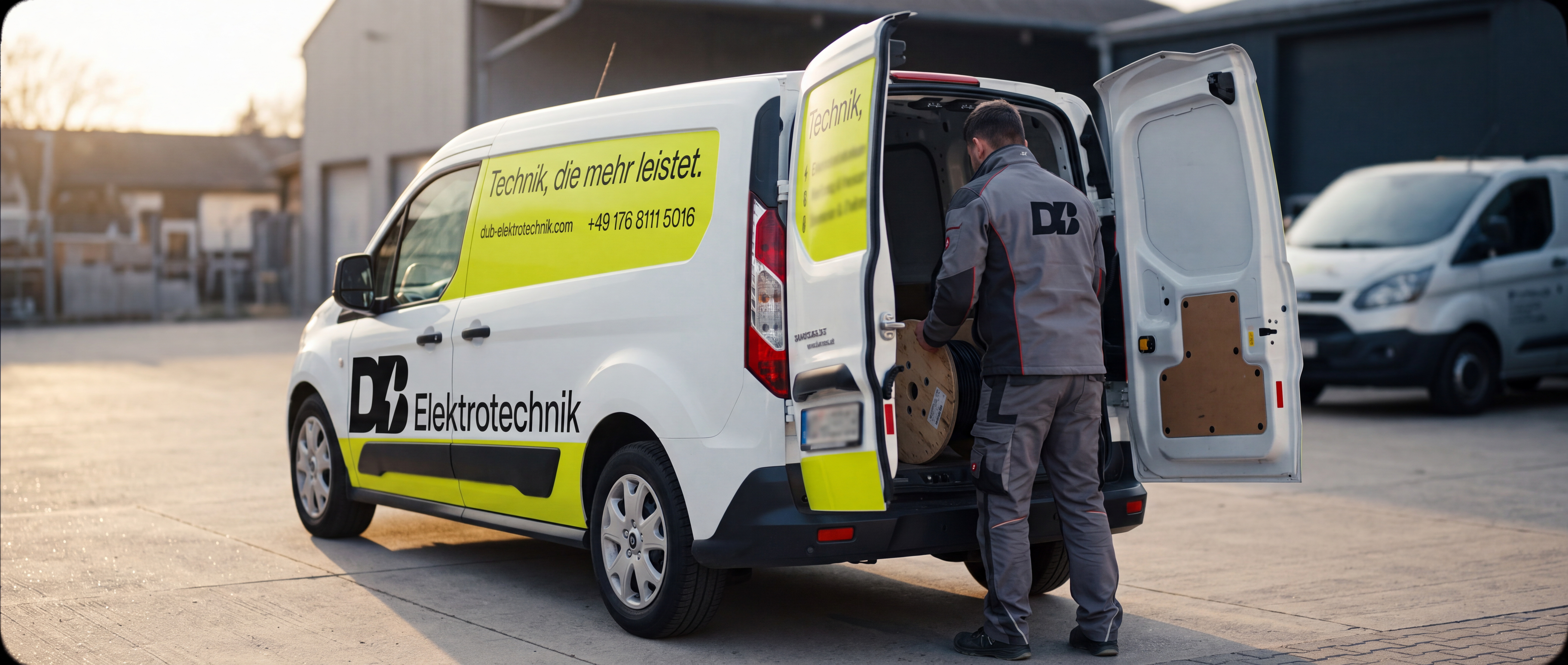 Monteur von D&B Elektrotechnik am Firmenwagen