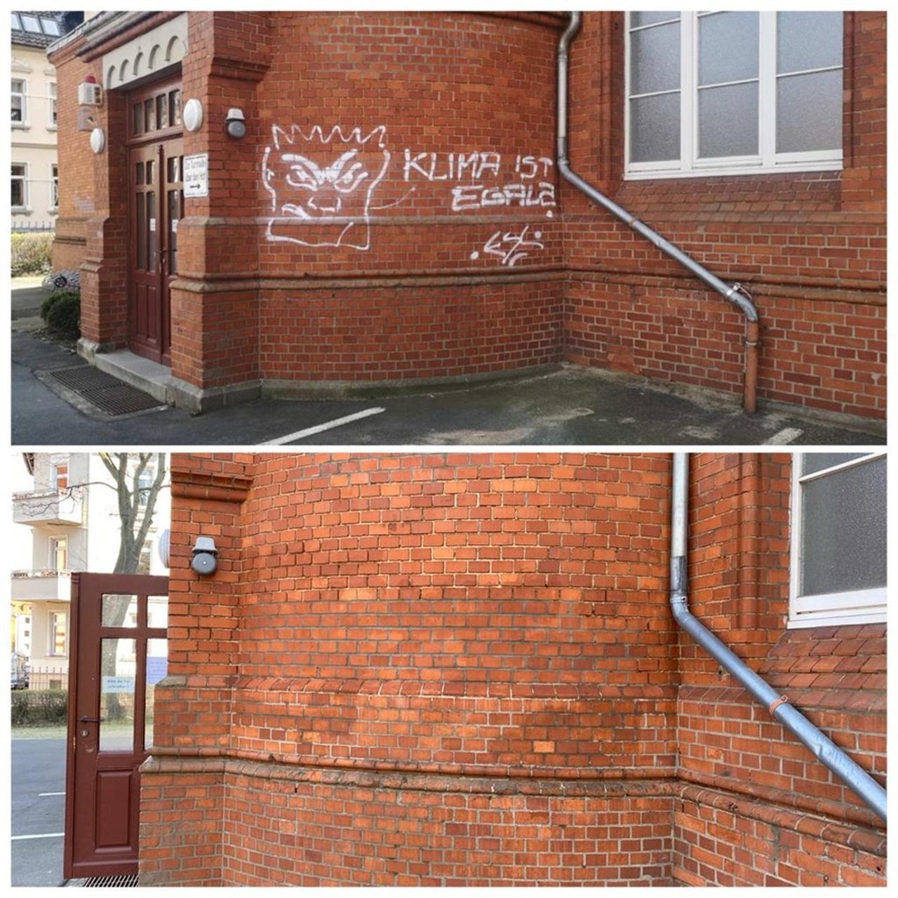 Klinkerfassade: oben mit Graffiti, unten nach der Reinigung