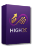 Lila Produktbox mit "HIGH X" Schriftzug und goldenem Pfeil- und Schaltkreissymbol.