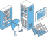 Isometrische Grafik von Sicherungskasten, Serverschrank, Smart-Home-Display, Satellitenschüssel und Solarmodulen in Blau.