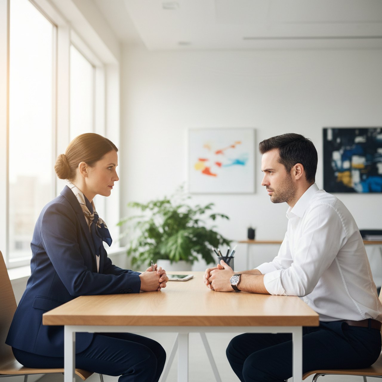 A manager and employee in a serious candid one-on-one conversation across a desk in a bright modern office