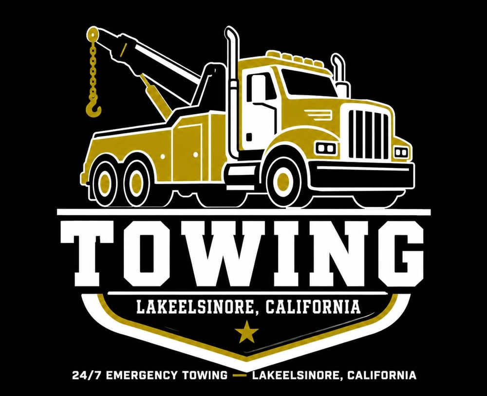 Gold and white tow truck logo for Lake Elsinore, California 24/7 Emergency Towing.