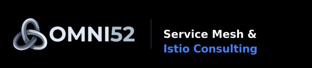Logo OMNI52 und Text "Service Mesh & Istio Consulting" auf schwarzem Hintergrund.