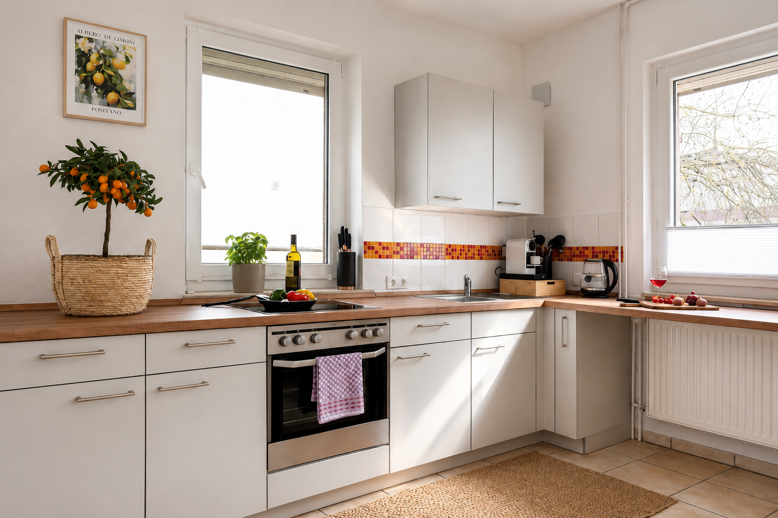 Küche mit Holzarbeitsplatte, Induktionsfeld und Backofen
