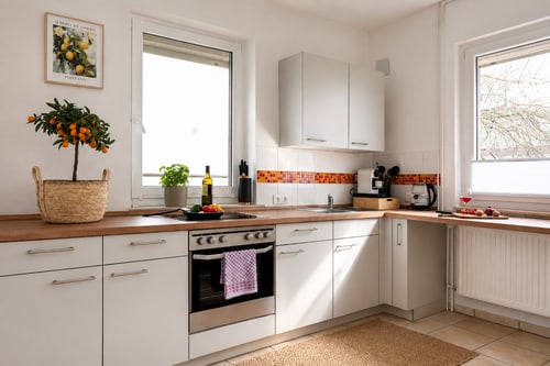 Voll ausgestattete Küche der Ferienwohnung Großostheim mit Induktionsfeld und Backofen