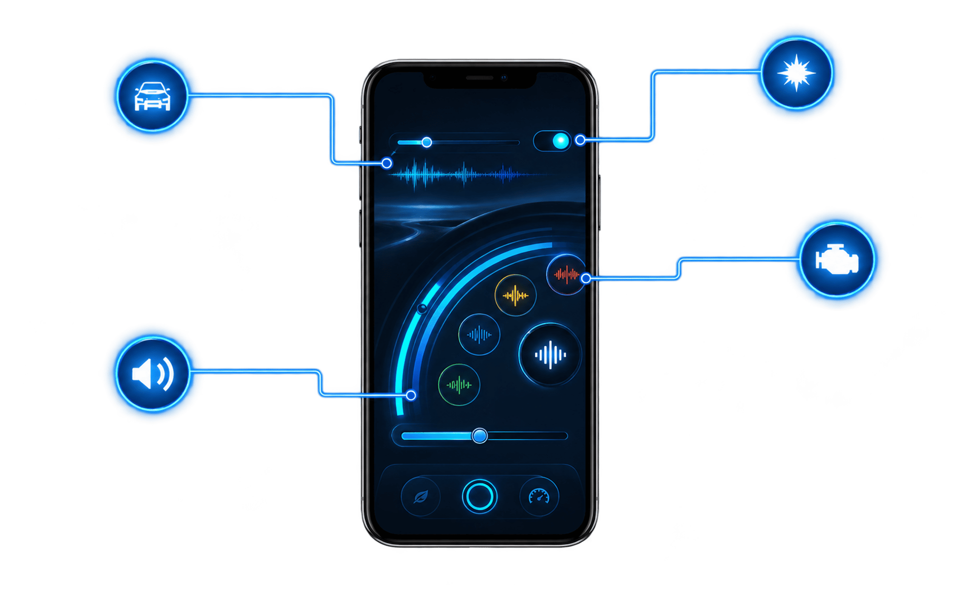 Grafische Darstellung der Active Sound App mit Soundprofilen, Lautstärke und Fahrzeugfunktionen