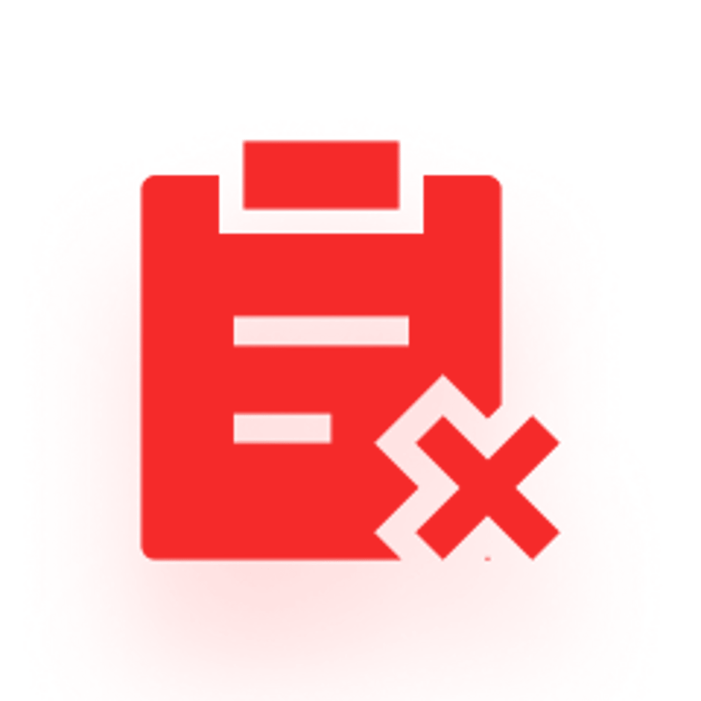 Rotes Klemmbrett-Symbol mit einem roten "X", das einen Fehler oder eine Ablehnung anzeigt.