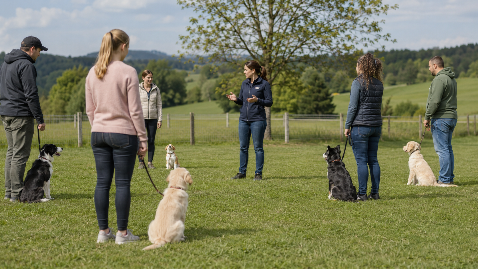 Angeleitete Welpengruppe auf dem Trainingsplatz der Wolfschool