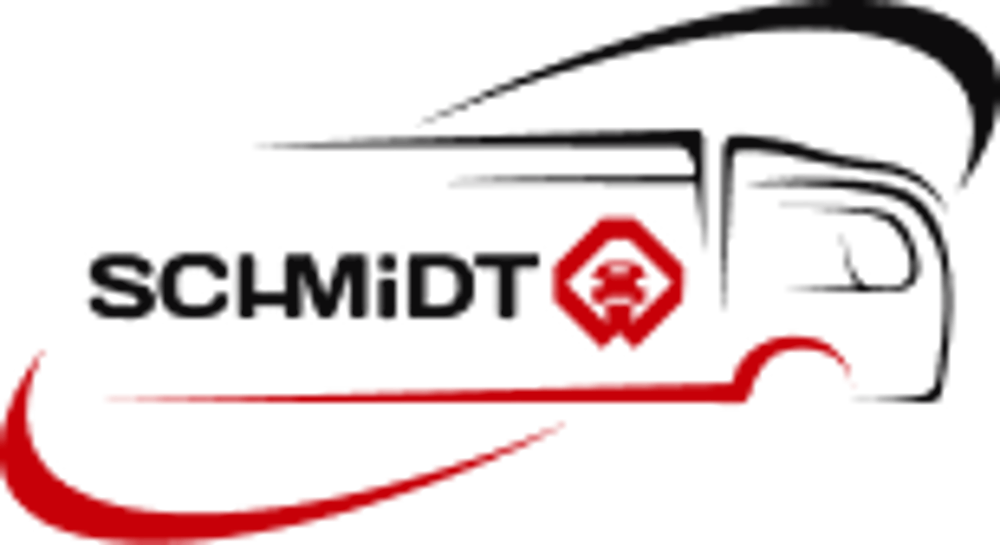 Schwarz-rotes Logo mit stilisiertem LKW-Umriss und dem Wort „SCHMIDT“ in der Mitte.
