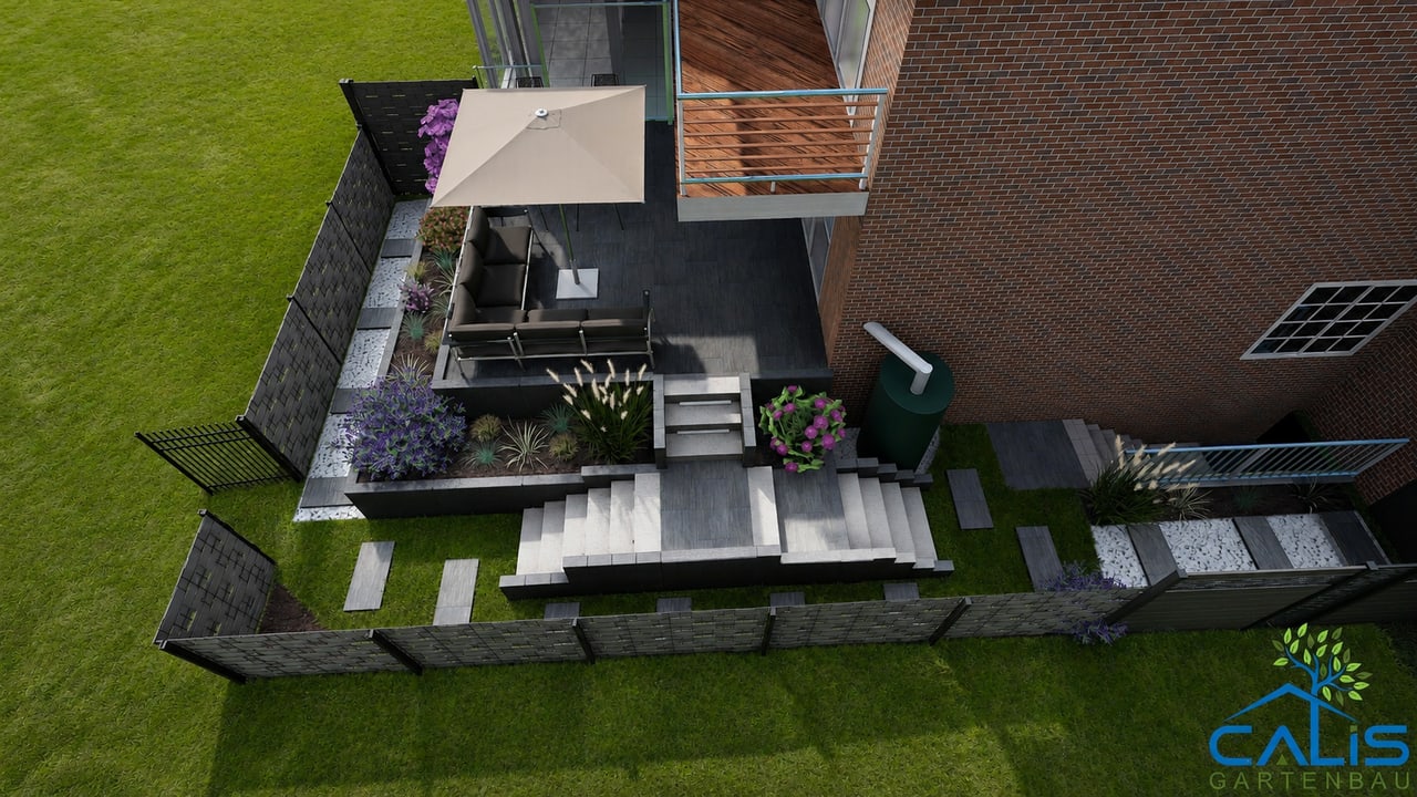 Fertig umgesetzter moderner Garten mit Terrasse