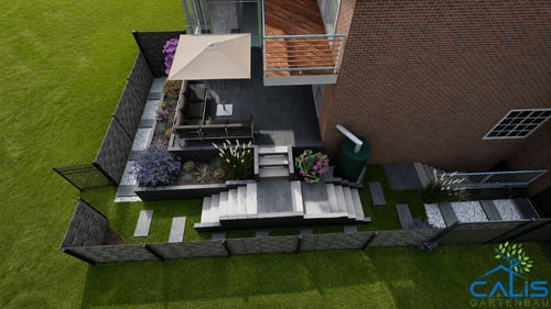 Gepflegte Rasenfläche neben einer Terrasse