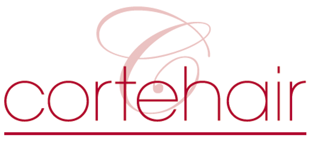 Logo für Cortehair mit einem großen, verschlungenen C in Rosa über dem roten Schriftzug „cortehair“.
