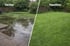 Vergleich: Überschwemmter Garten mit schlammigem Wasser (Vorher) und gepflegter, grüner Rasenfläche (Nachher).