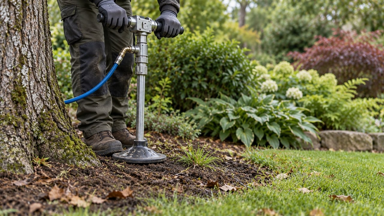 Bodenbelüftung mit Bodenlanze an der Baumscheibe eines alten Baumes im Garten