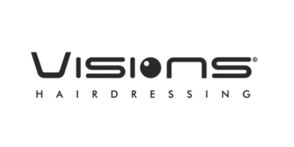 Visions Hairdressing Logo: Schwarzer Schriftzug "Visions" mit einem stilisierten Auge als "O" über "HAIRDRESSING".