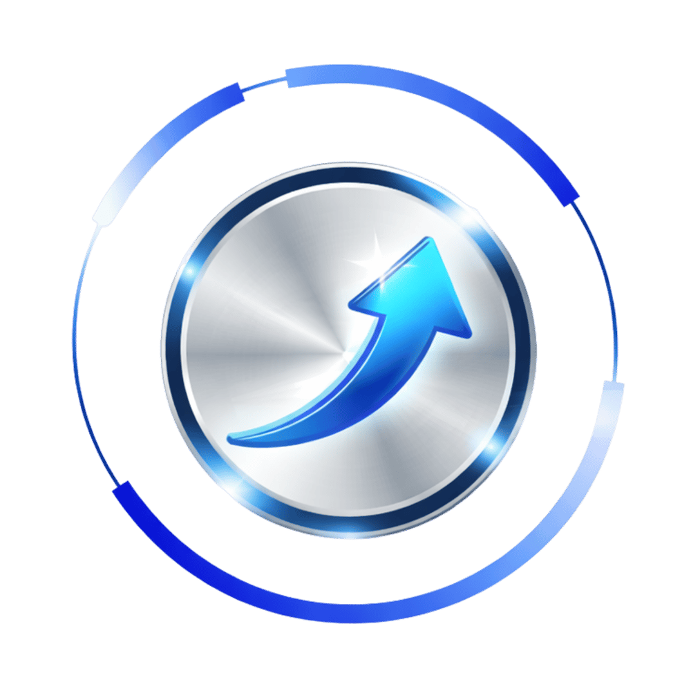 Glänzender Metallknopf mit einem leuchtend blauen Pfeil, der nach oben rechts zeigt.