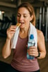 Frau, die trotz Sport nicht abnimmt, isst einen Müsliriegel und hält eine Wasserflasche in einem Fitnessstudio.