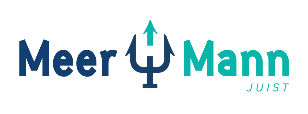 Logo des Unternehmens Meer Mann Juist mit einem blauen Dreizack-Symbol und türkisem Pfeil auf schwarzem Hintergrund.