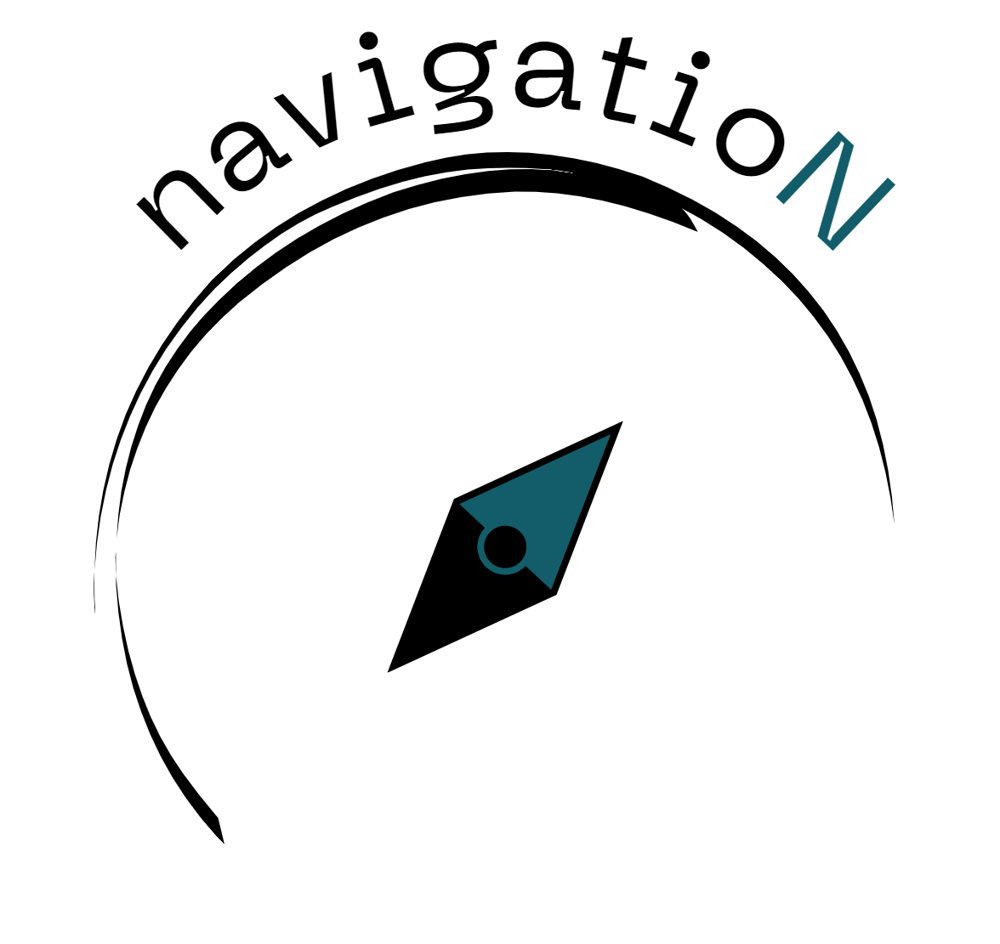Kompass mit Nadel, die nach oben zeigt, und dem Wort "navigation" im Bogen darüber.