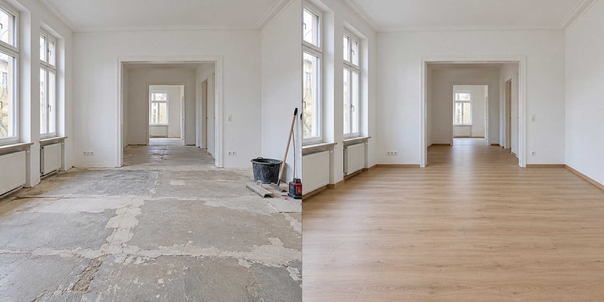 Leerer Raum mit Untergrund vor der Vorbereitung und nach der Gestaltung mit Vinylboden in heller Holzoptik – Visualisierung