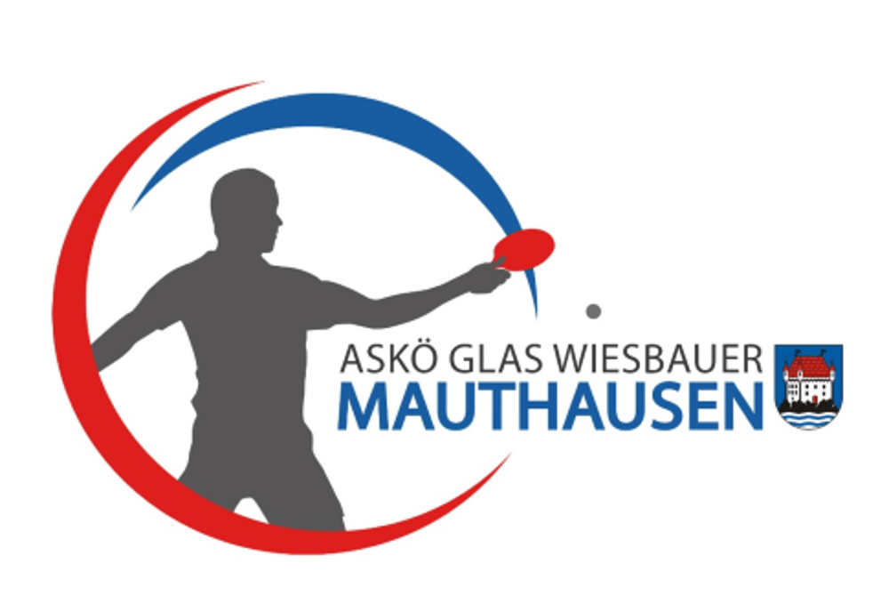ASKÖ Glas Wiesbauer Mauthausen Logo mit Tischtennisspieler und Gemeindewappen
