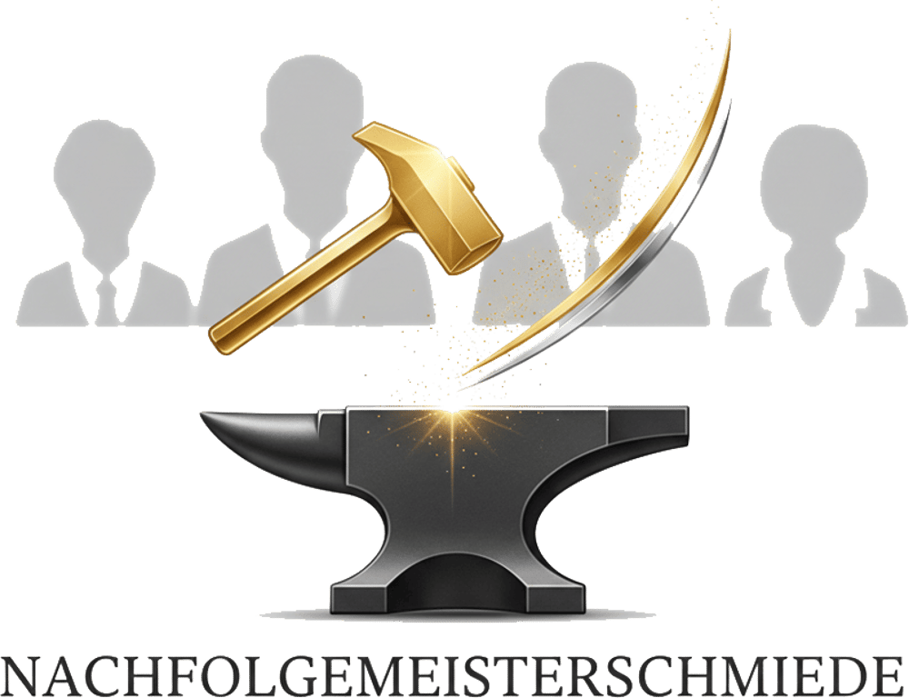 Goldener Hammer trifft auf Amboss, Funken sprühen, vier graue Silhouetten im Hintergrund. Text: NACHFOLGEMEISTERSCHMIEDE.