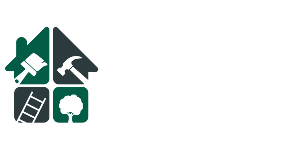 Hoffmann HAUSMEISTERSERVICE Logo mit Haus, Pinsel, Hammer, Leiter und Baum-Symbolen.