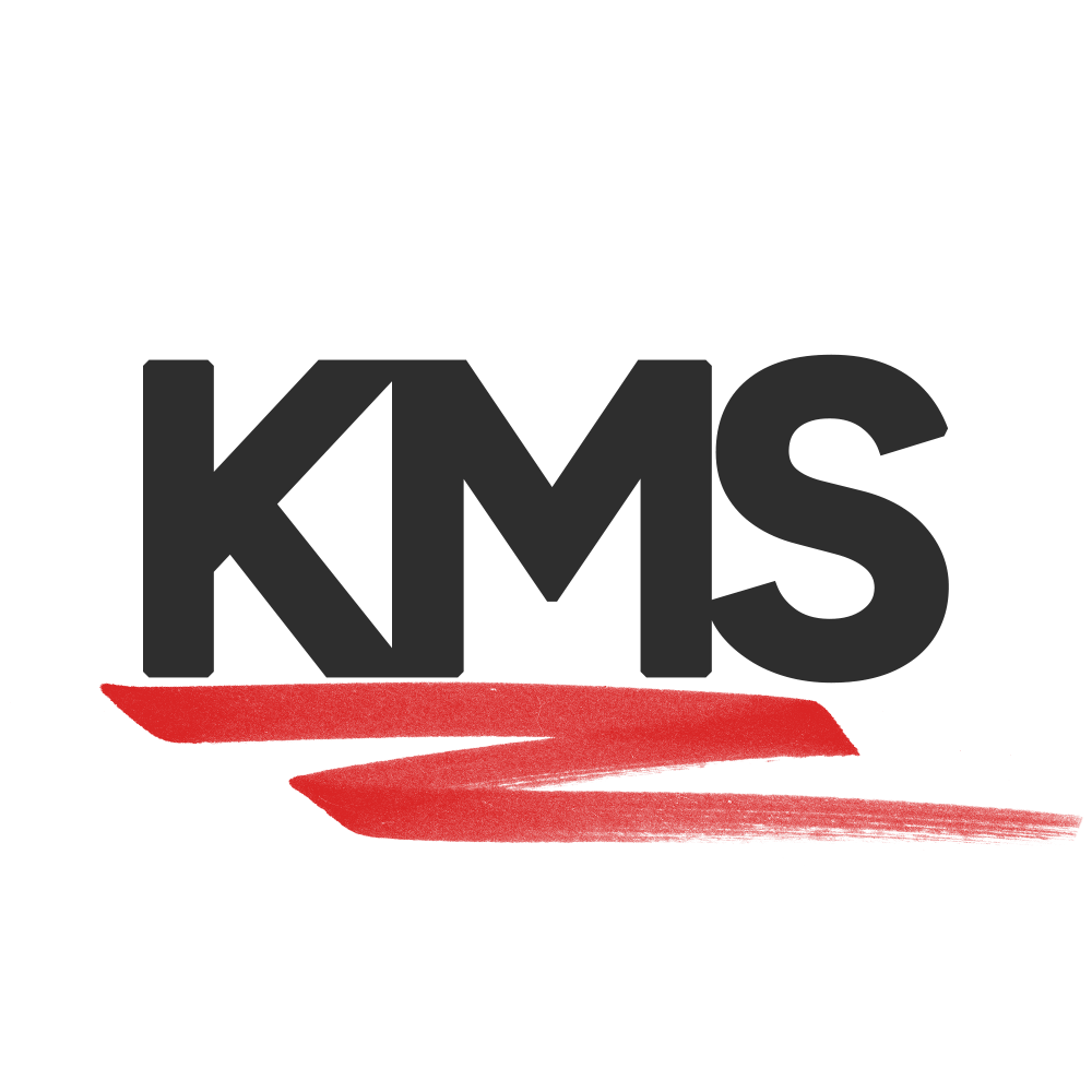 Black "KMS" text with a red brushstroke underneath, on a dark green background.