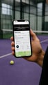 Hand hält Smartphone mit der Padel Factoría App vor einem lila Padel-Tennisplatz mit gelbem Ball.