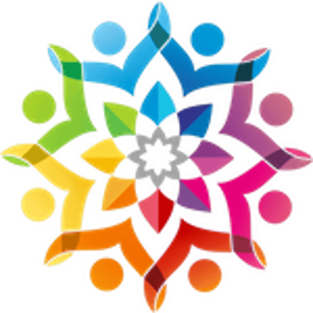 Buntes, blumenförmiges Logo mit stilisierten Menschenfiguren, die sich an den Händen halten und einen Kreis bilden.