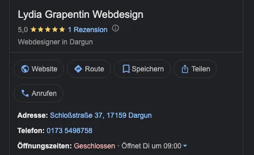 Google-Unternehmensprofil von Lydia Grapentin Webdesign mit fünf Sternen, Adresse und Öffnungszeiten